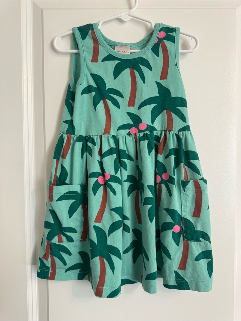 Hanna Andersson Mint Green Palm Tree Pocket Dress with Pink Accents